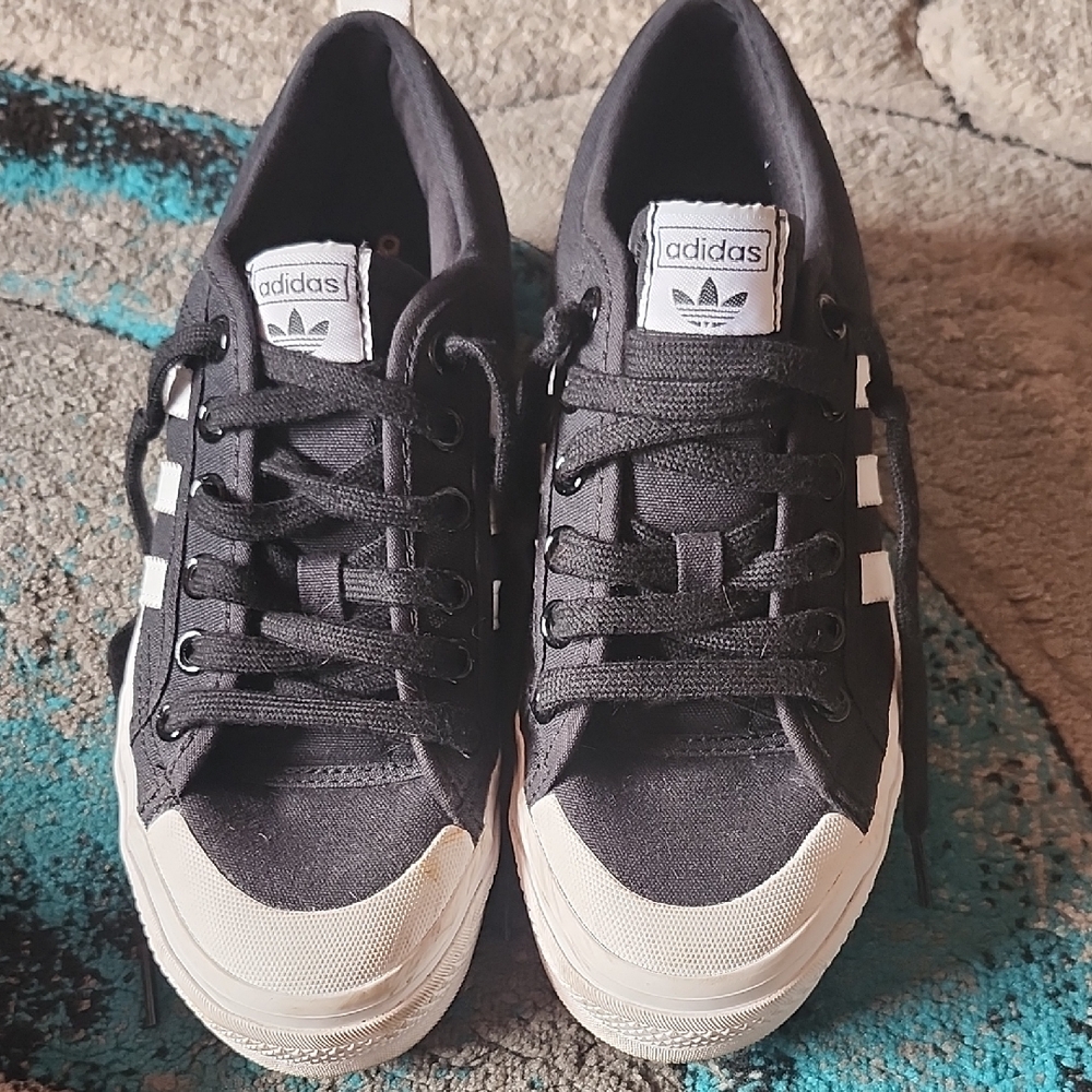 Adidas Womans Black Canvas Sneakers with White Stripes
